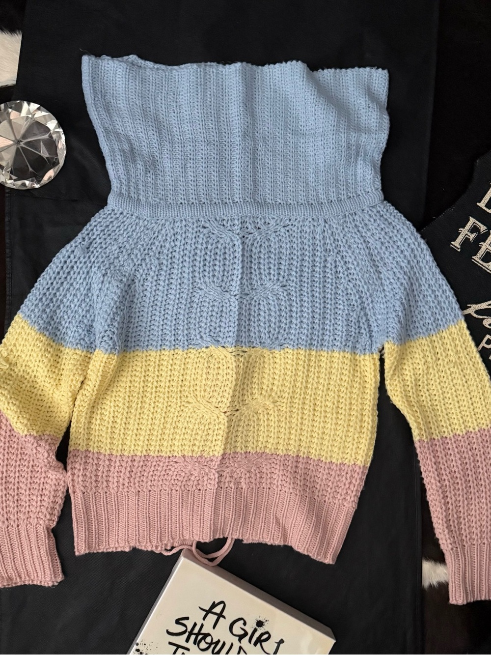 Derek Heart Pastel Colorblock Off-Shoulder Sweater - Light Blue, Yellow & Pink
